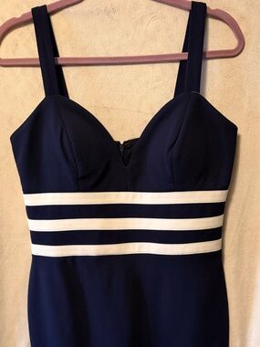 Marina Navy Blue & white Stripe Cocktail Dress Size 10 Sheath Wedding Guest